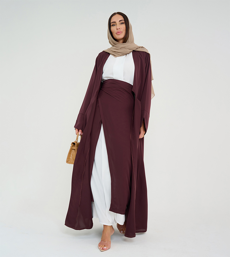 3 Piece Solid Open Abaya with White Dress and Skirt