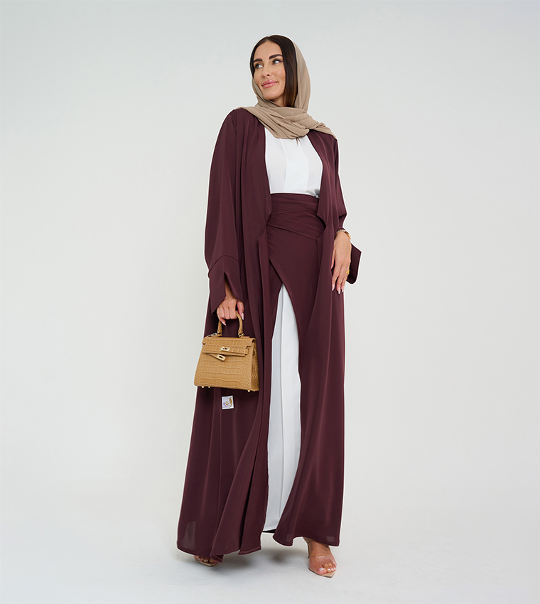 3 Piece Solid Open Abaya with White Dress and Skirt