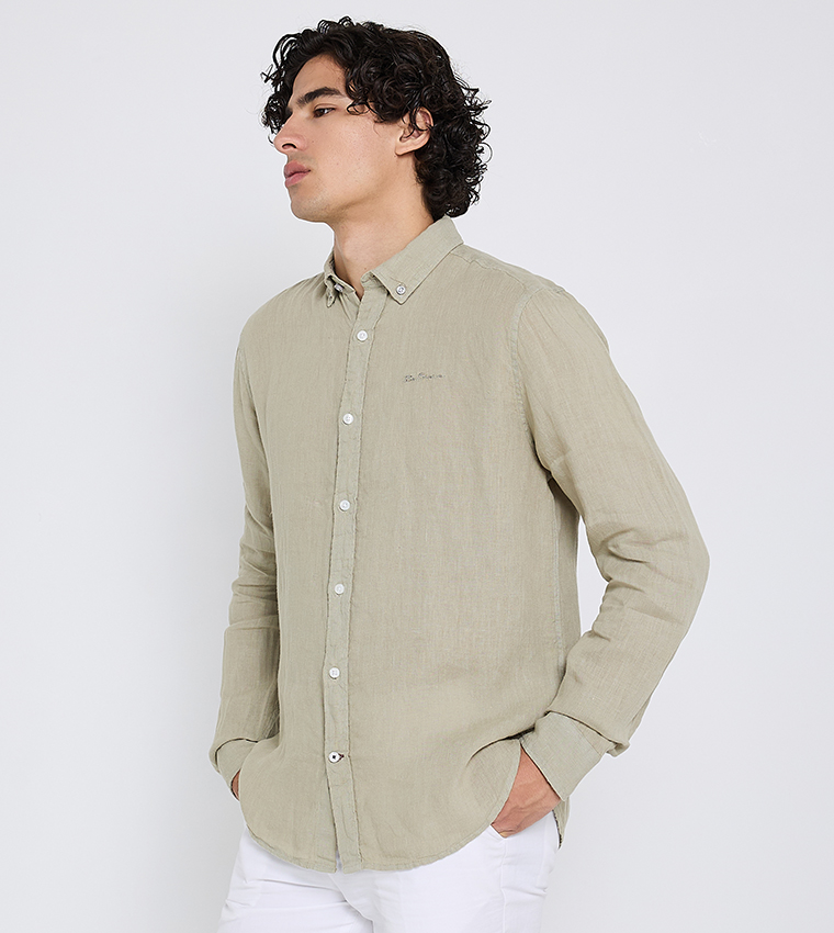 Textured Button-Down Collar Linen Shirt
