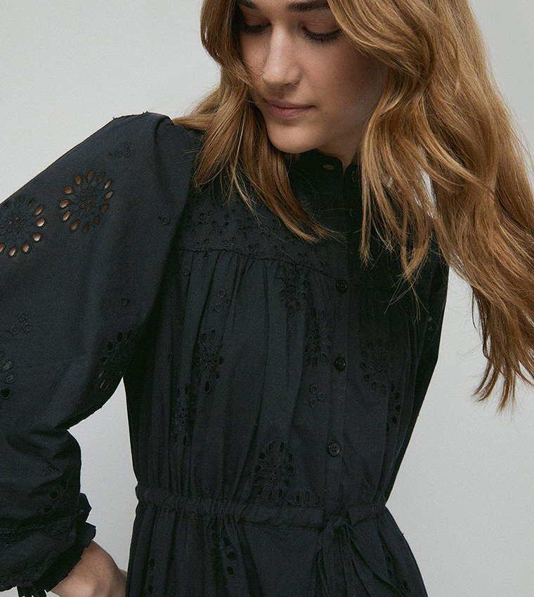 Buy Warehouse Broderie Drawstring Waist Midi Dress In Black