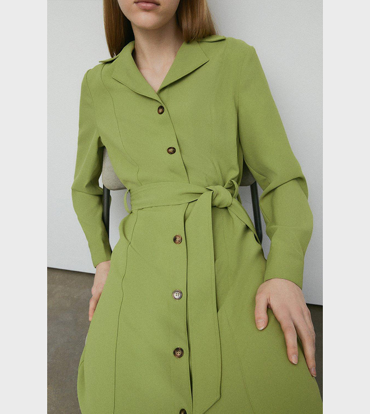 Buy Warehouse Fluid Twill Button Through Belted Shirt Dress In Green |  6thstreet Saudi Arabia