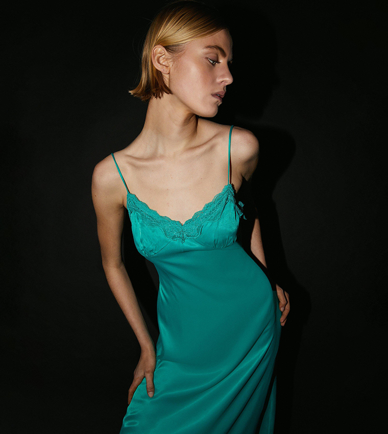 Buy Warehouse Lace Satin Slip Dress In Green 6thStreet Oman