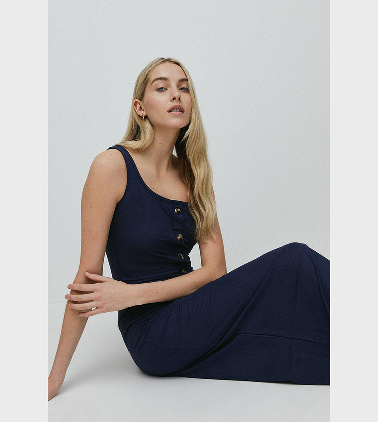 Buy Warehouse Pique Button Through Flatlock Midi Dress In Navy - Main Image