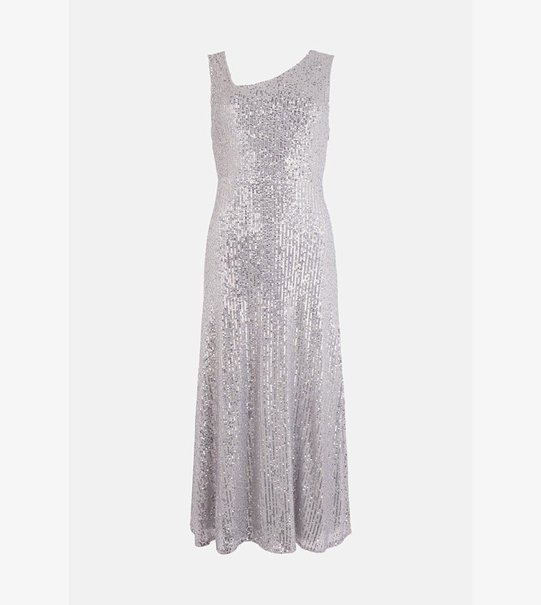 Buy Warehouse Sequin Asymmetric Neckline Dress In Silver | 6thStreet Saudi Arabia