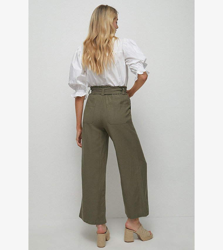 Buy Warehouse Linen Mix Tie Paper Bag Waist Trousers In Khaki 6thStreet Oman