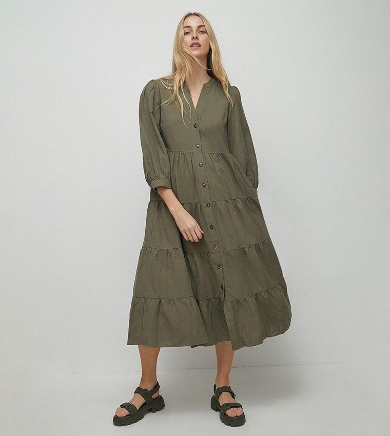 Buy Warehouse Linen Mix Puff Sleeves Tiered Midi Dress In Khaki | 6thstreet  Qatar