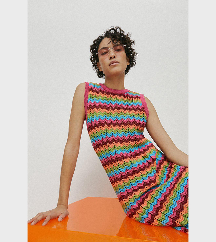 Buy Warehouse Zig Zag Crochet Look Knit Midi Dress In Multiple Colors 6thStreet Qatar