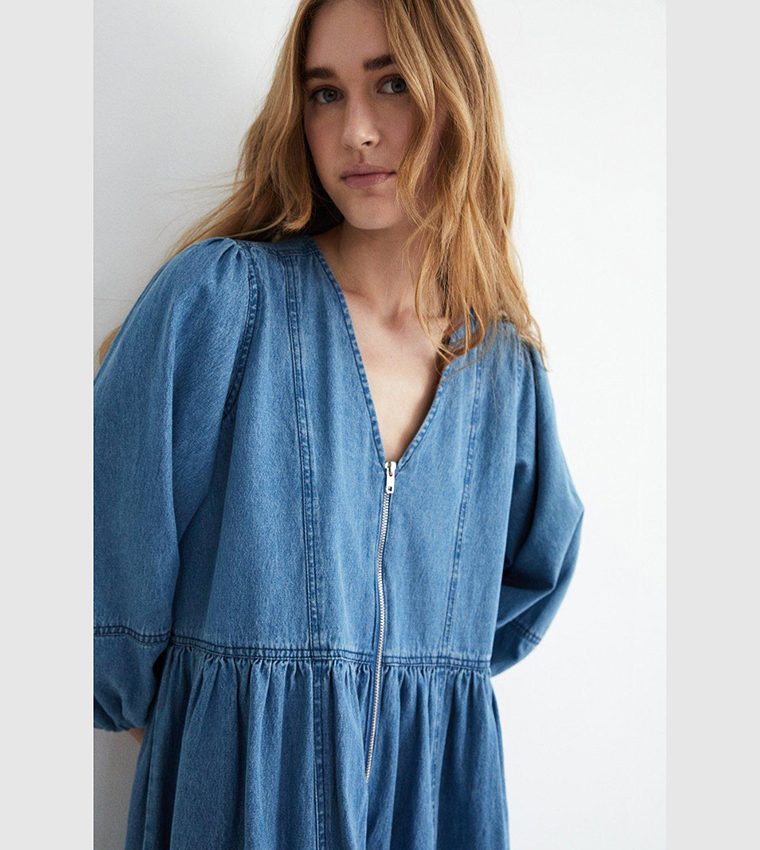 Dark Denim Zip-Front Tailored Midi Dress