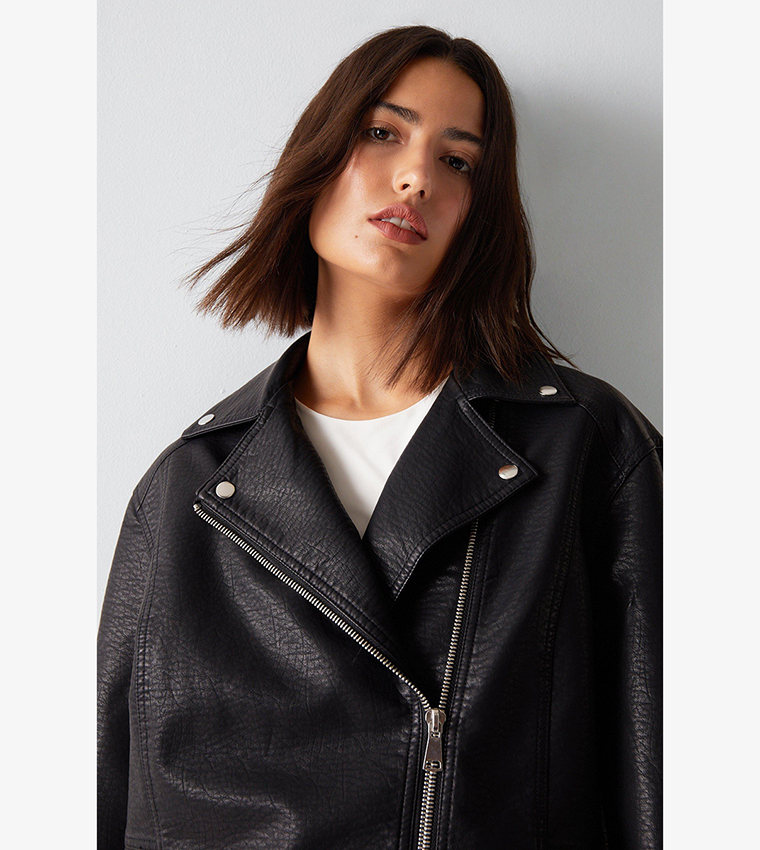 Buy Warehouse Oversized Long Line Biker Jacket In Black | 6thStreet Qatar