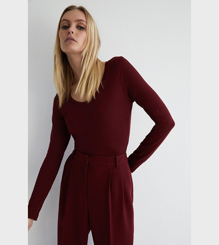 Buy Warehouse Scoop Neck Long Sleeves Top In Berry 6thStreet UAE
