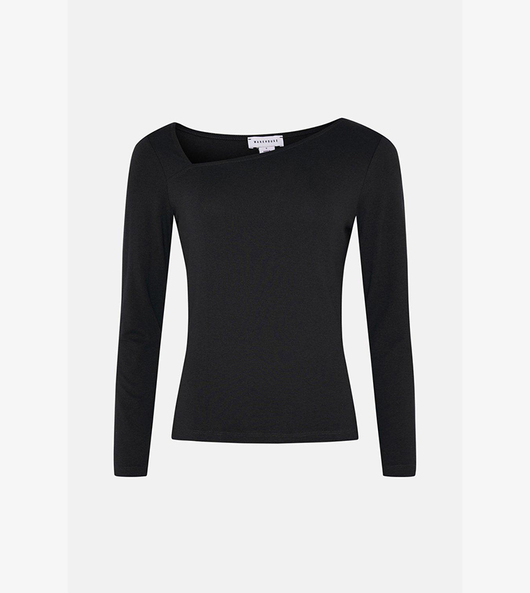 Buy Warehouse Asymmetric Neck Long Sleeves Top In Black 6thStreet UAE