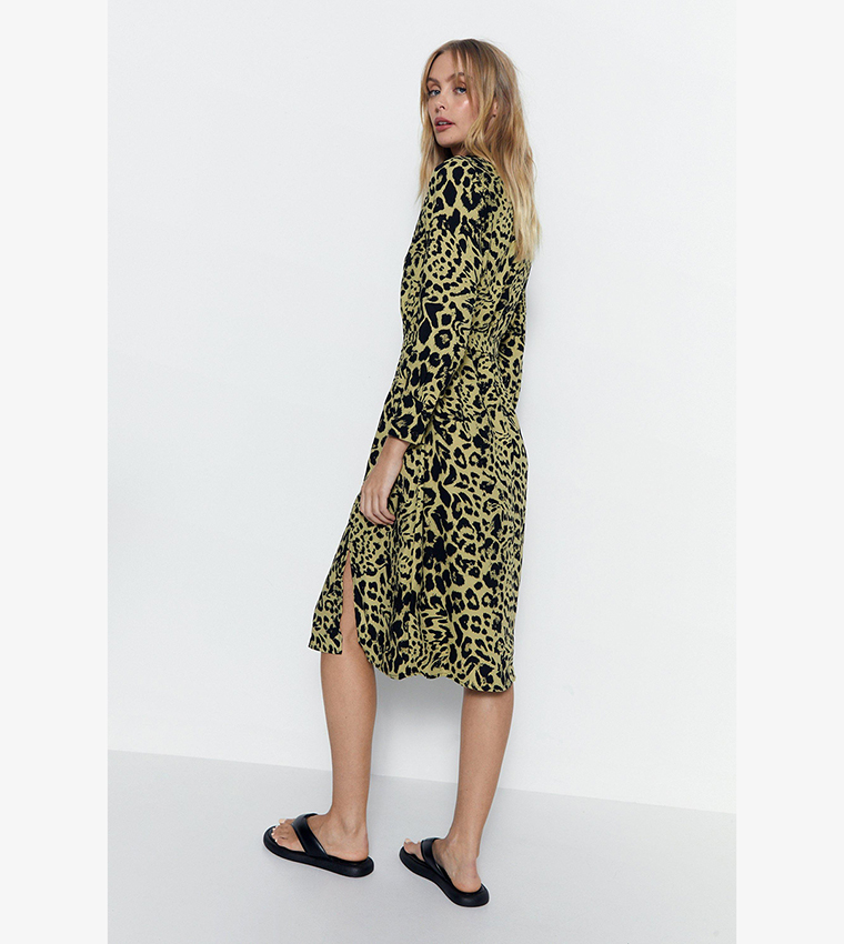 Warehouse leopard print hot sale midi shirt dress