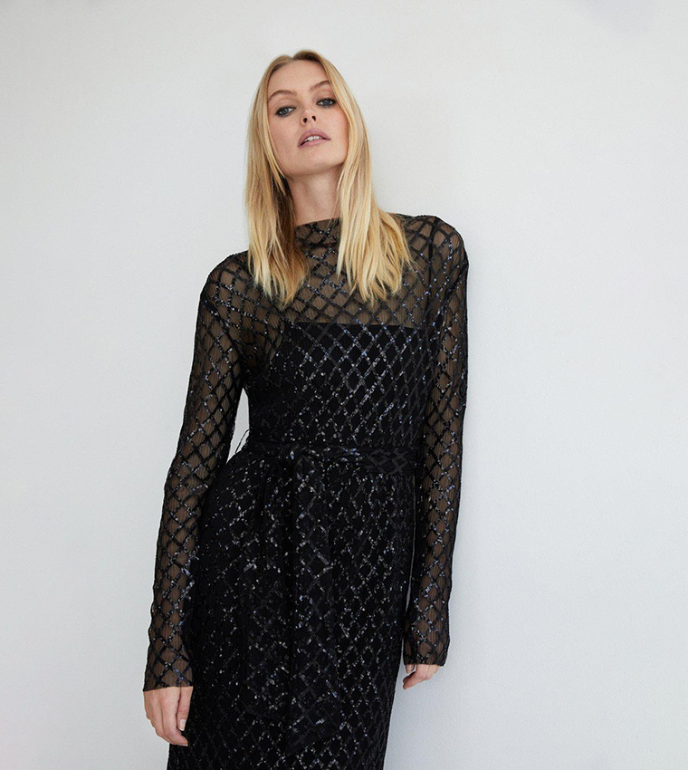 Buy Warehouse Diamond Sequin Mesh Midi Dress In Black | 6thstreet Bahrain