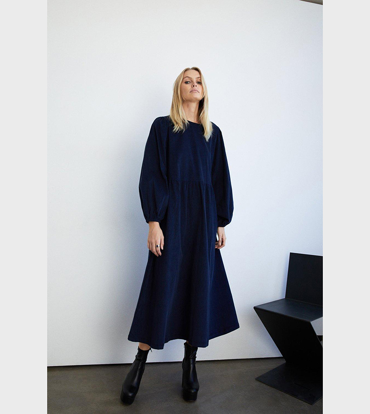 Buy Warehouse Cord Tie Back Smock Midi Dress In Navy 6thStreet Oman
