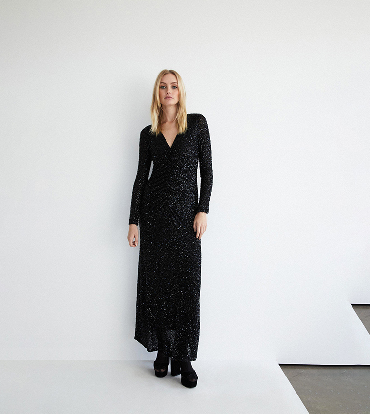 Buy Warehouse Sequin Ruched Front Midi Dress In Black 6thStreet