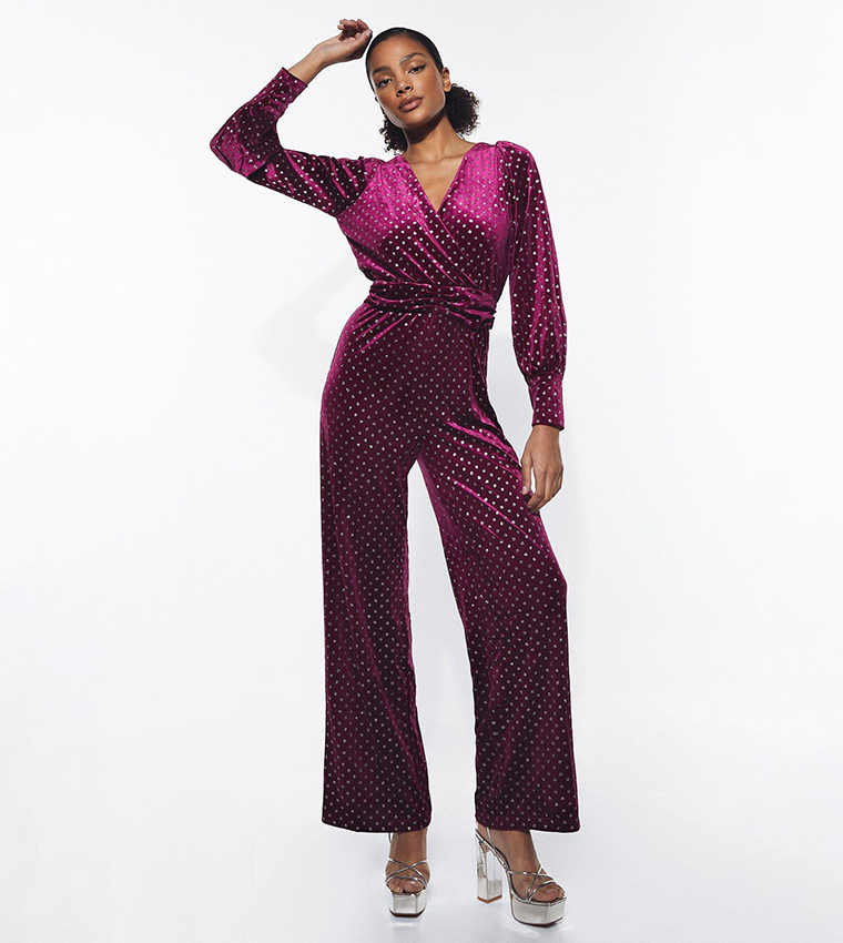 Buy Warehouse Velvet Metallic Spot Balloon Sleeves Jumpsuit In