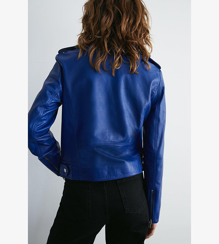 Buy Warehouse Real Leather Tab Detail Biker Jacket In COBALT 6thStreet Kuwait