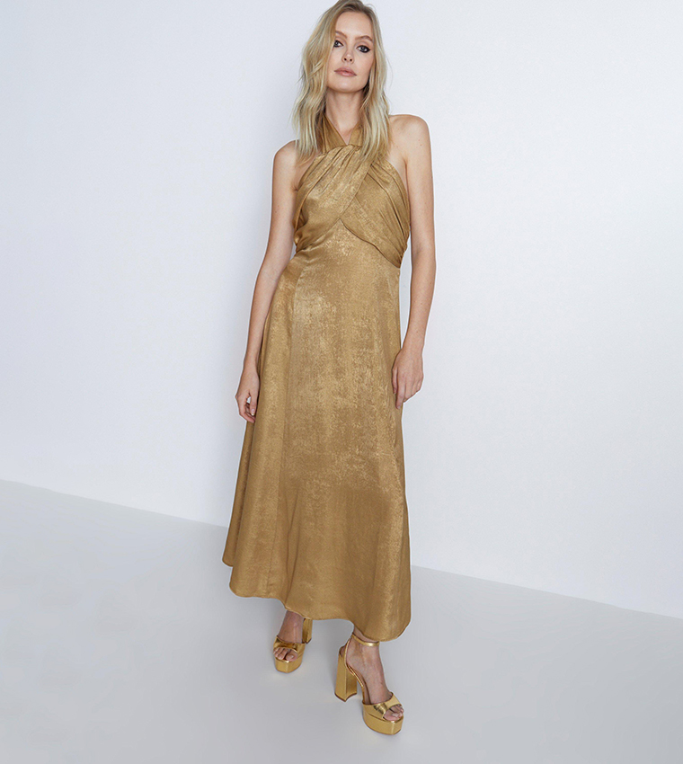 Gold lame cheap halter dress