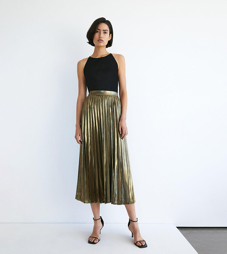 Metallic Lame Pleated Midi Skirt