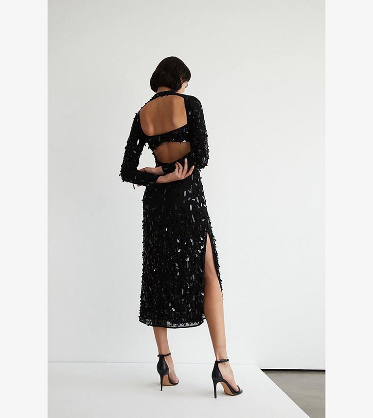 warehouse open back midi dress Blue Warehouse Metallic V Neck Open Back Midi Dress