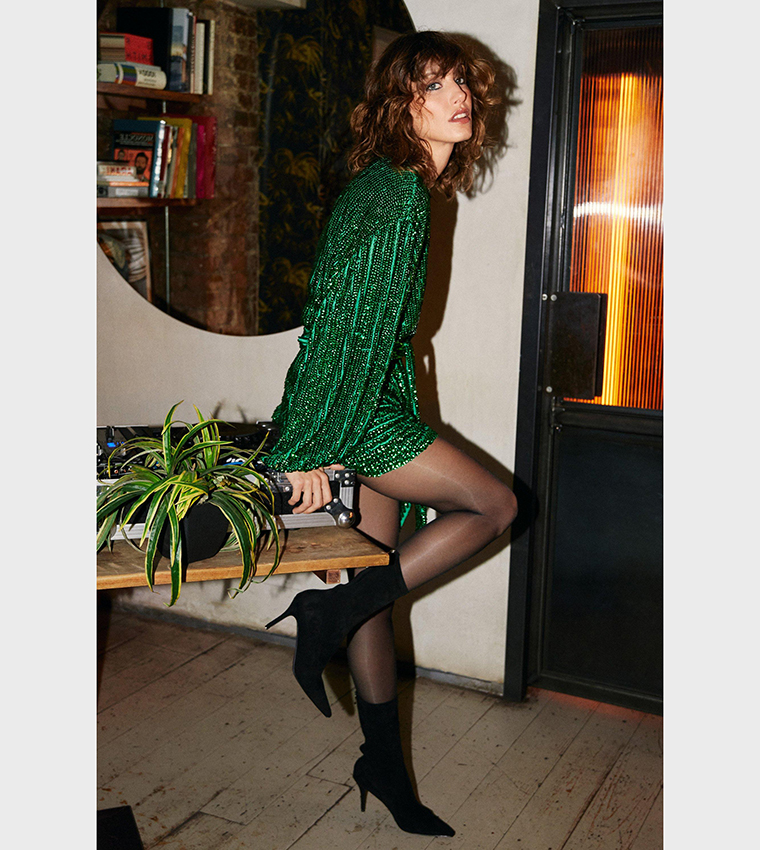 Buy Warehouse Hand Sequined Belted Mini Dress In Green | 6thstreet Qatar