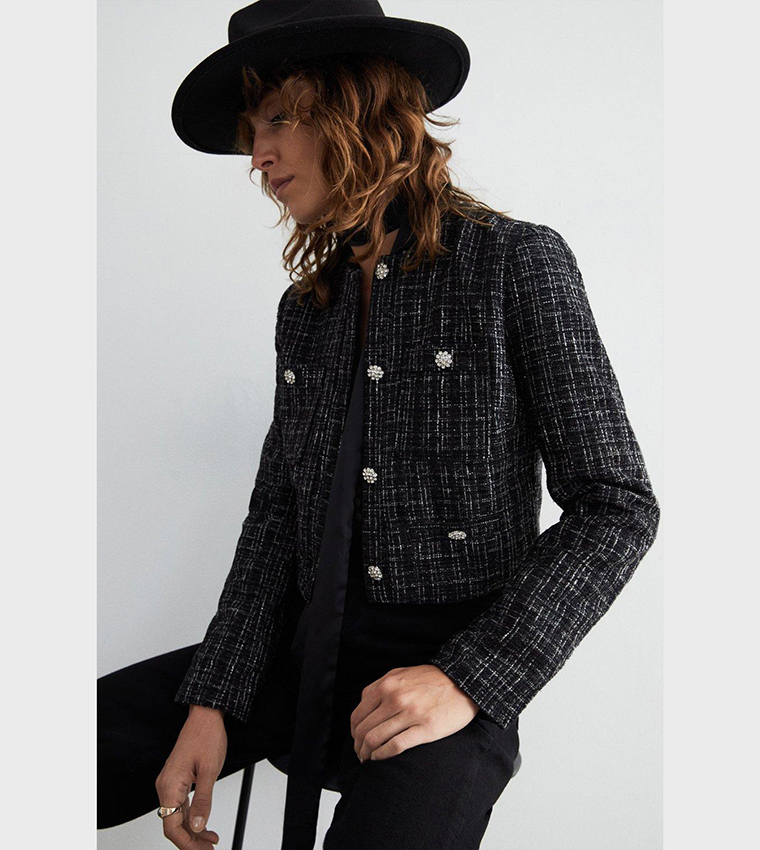Buy Warehouse Tweed Tailored Jacket With Crystal Buttons In Black
