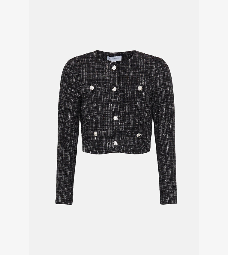 Buy Warehouse Tweed Tailored Jacket With Crystal Buttons In Black