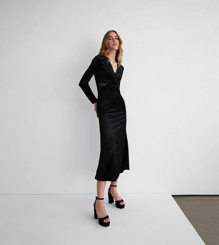 Casual Black Plunge Midi Dress Buy Warehouse Velvet Lace Mix