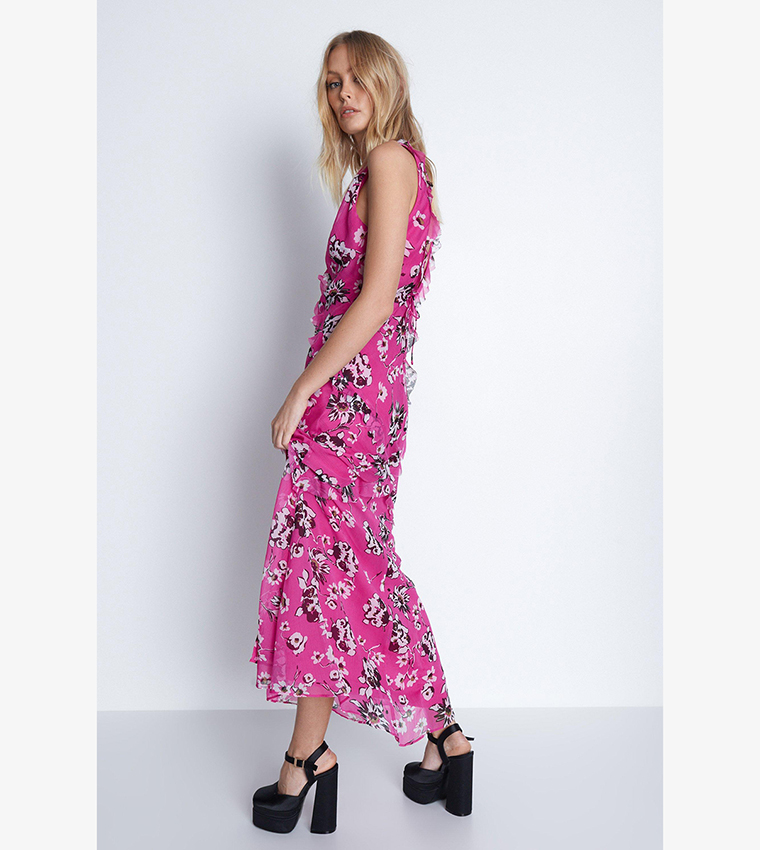 Floral Print Tie Low Back Maxi Dress