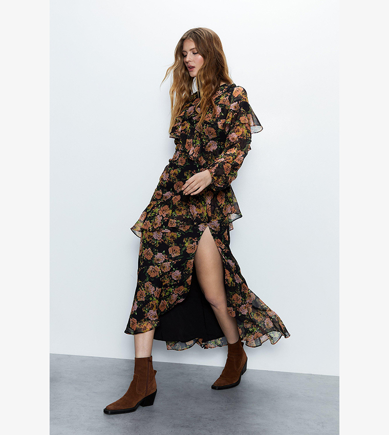 Buy Warehouse Premium Floral Print Ruffle Detail Tiered Maxi Dress In Multiple Colors 6thStreet Oman
