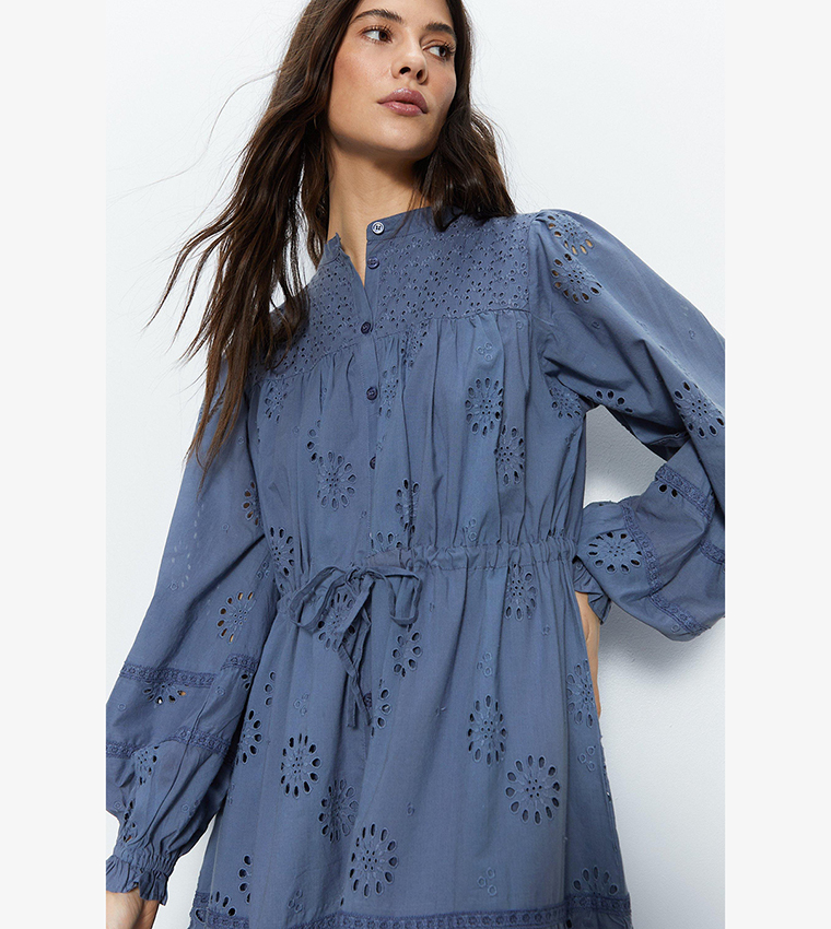 Broderie Drawstring Waist Midi Dress