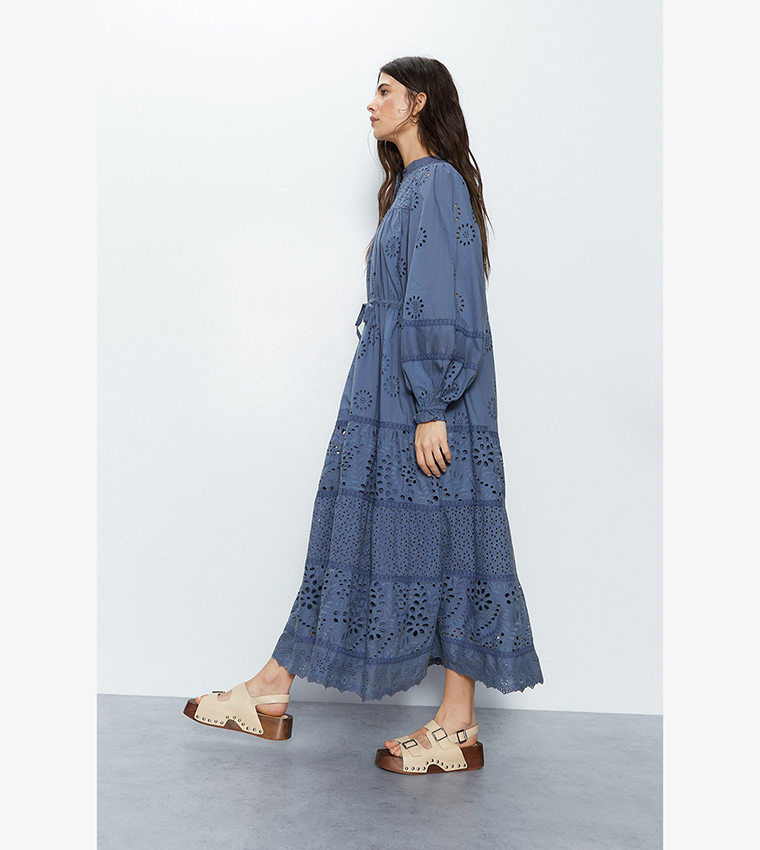 Broderie Drawstring Waist Midi Dress