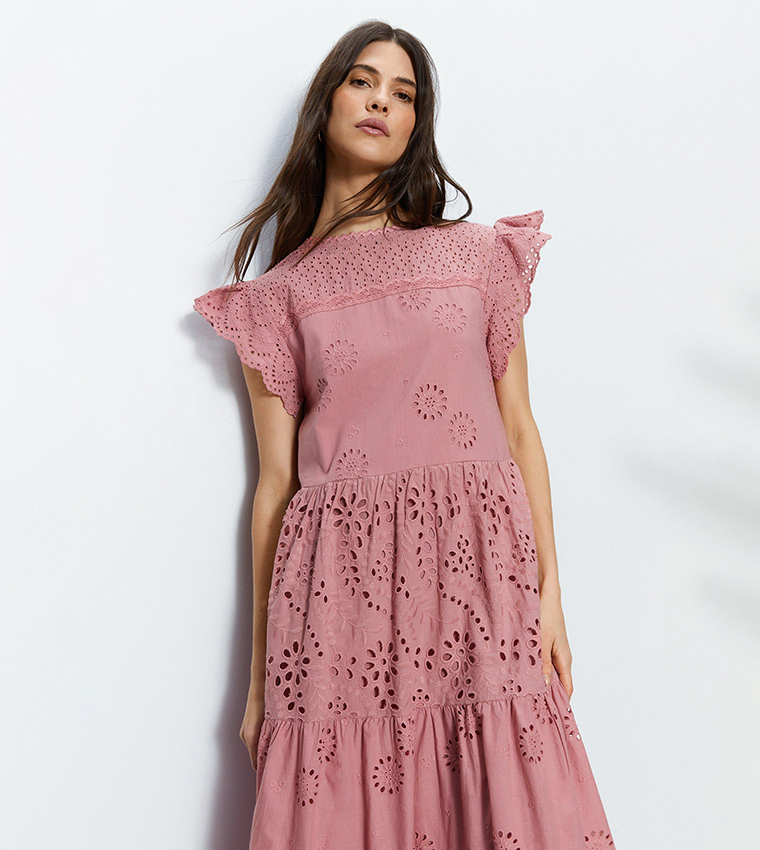 Buy Warehouse Broderie Mix Tiered Midi Dress In Rose