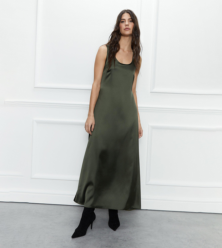 Buy Warehouse Scoop Neck Satin Midi Slip Dress In Khaki 6thStreet Bahrain