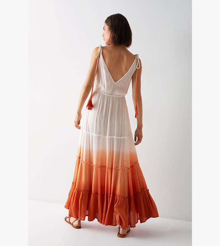 Buy Warehouse Crinkle Viscose Ombre Tiered Tie Maxi Dress In Rust ...