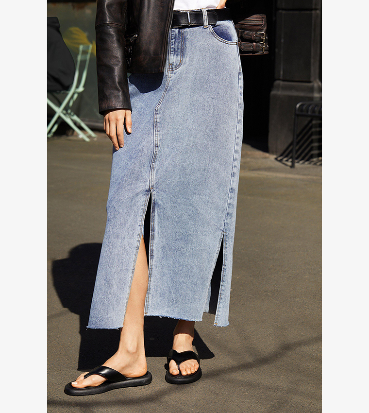 High Waisted Split Front Denim Maxi Skirt