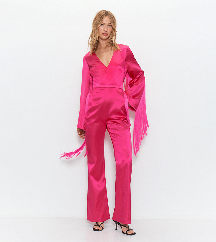 Premium Bonded Satin Fringe 70S Jumpsuit