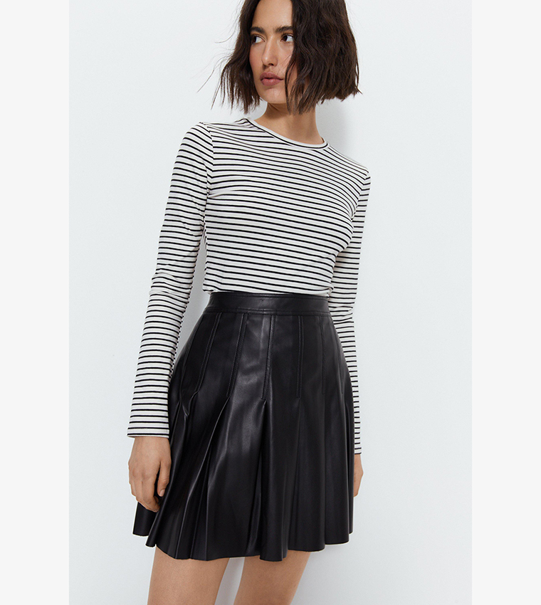 Pleated Bow Leather Skirt - Black main image 1