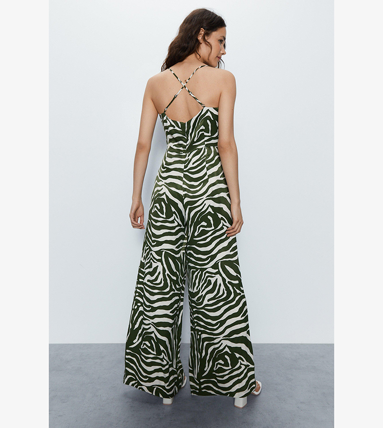 Buy Warehouse Animal Print Satin Cowl Jumpsuit In Khaki