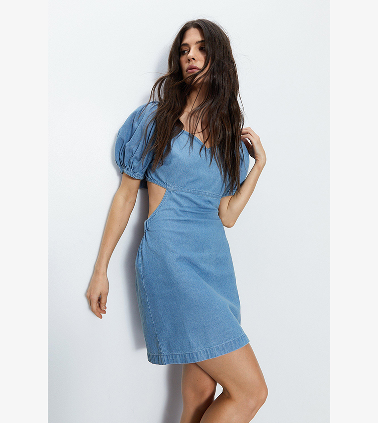 Buy Warehouse Denim Chambray Tie Back Puff Sleeves Mini Dress In