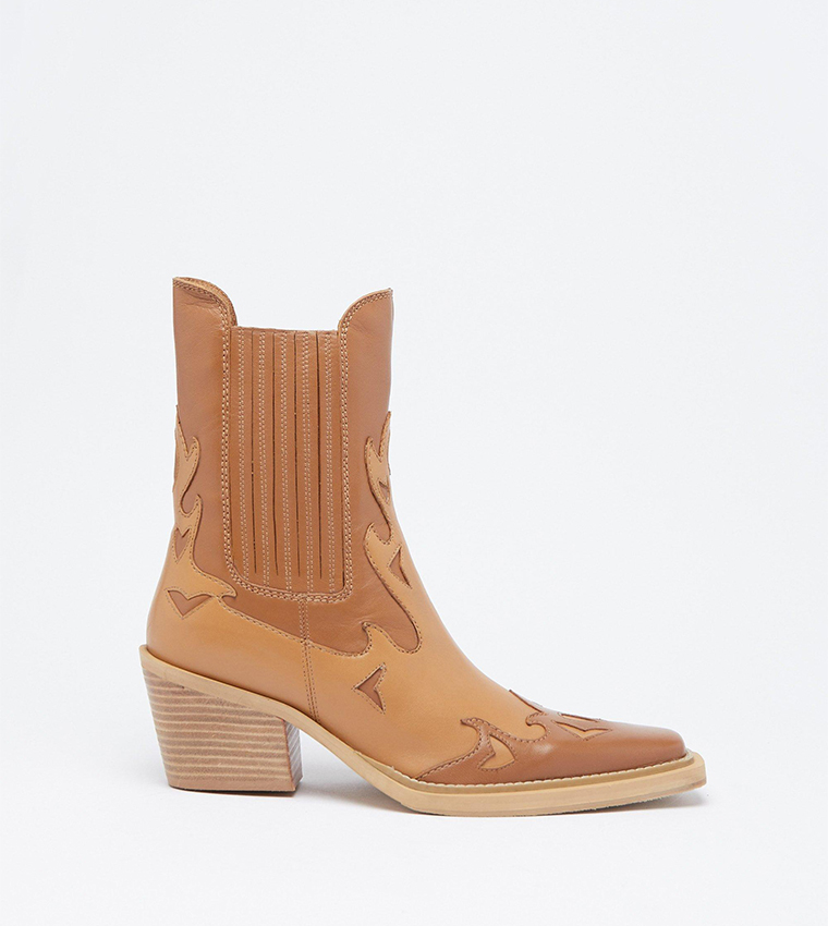 Buy Warehouse Leather Contrast Ankle Western Ankle Boots In Tan