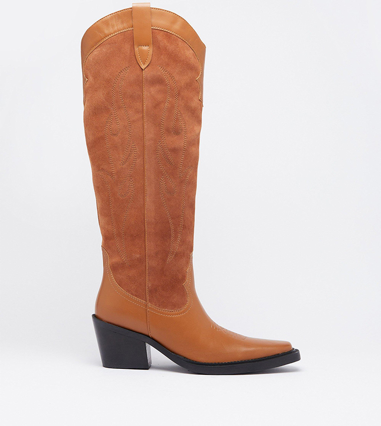 Buy Warehouse Leather Suede Knee High Western Boots In Tan 6thStreet Bahrain