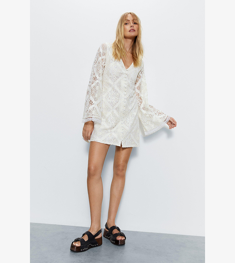 Buy Warehouse Lace Covered Button Flared Sleeves Mini Dress In Ecru |  6thstreet Qatar
