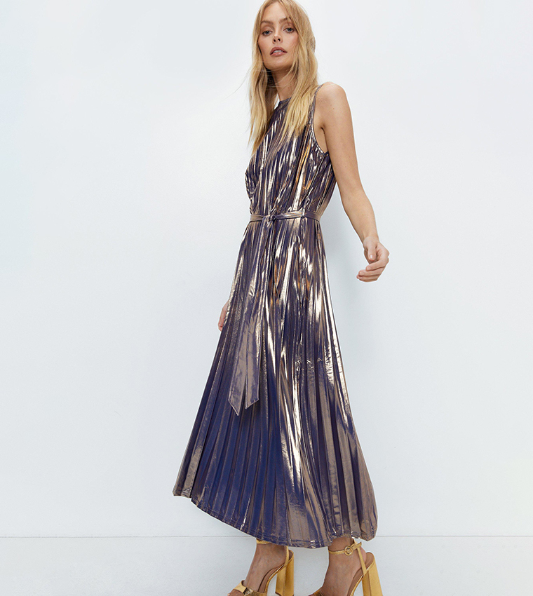 Buy Warehouse Tie Waist Pleated Lame Dress In Gold | 6thstreet UAE