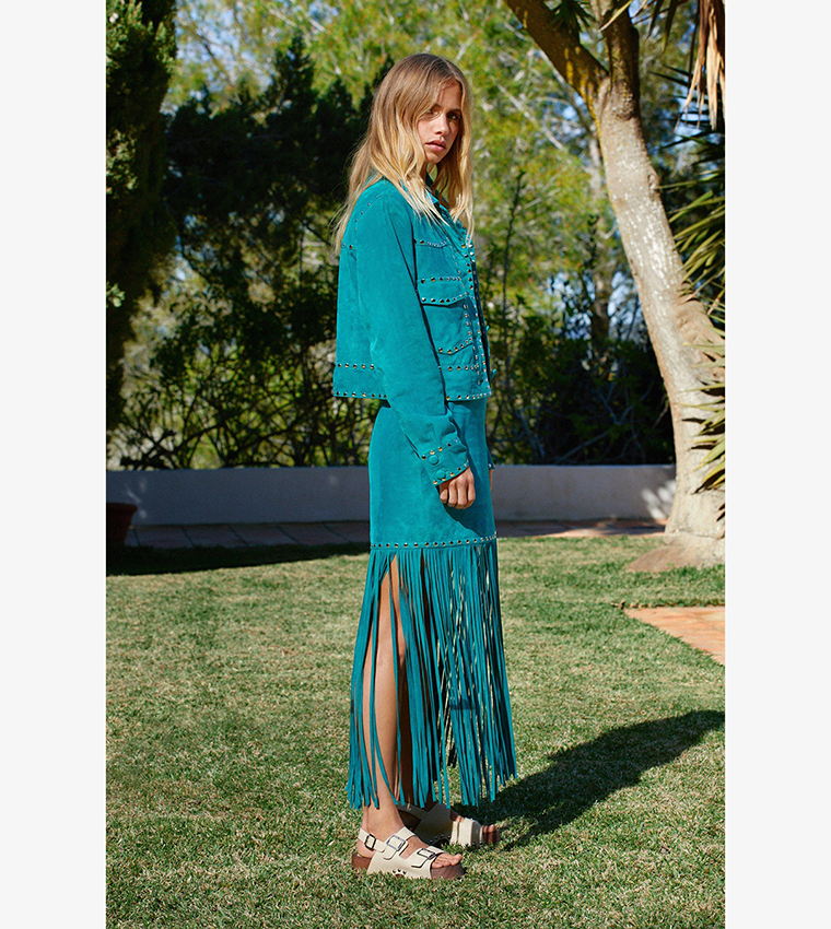Wild And Free Silk Fringe Skirt - Turquoise