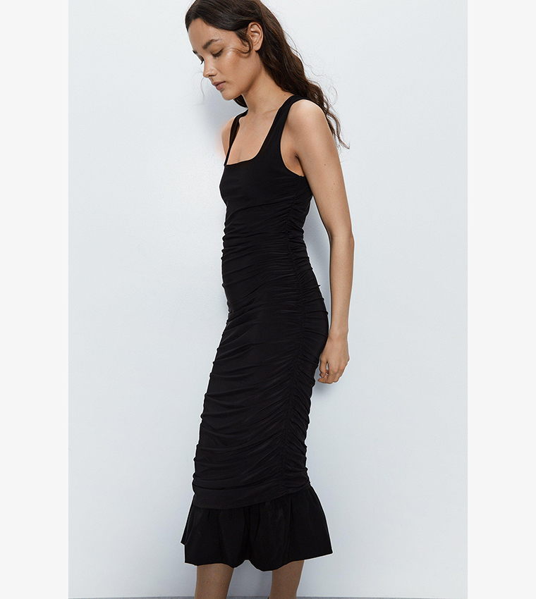 Buy Warehouse Square Neck Peplum Hem Ruched Midi Dress In Black