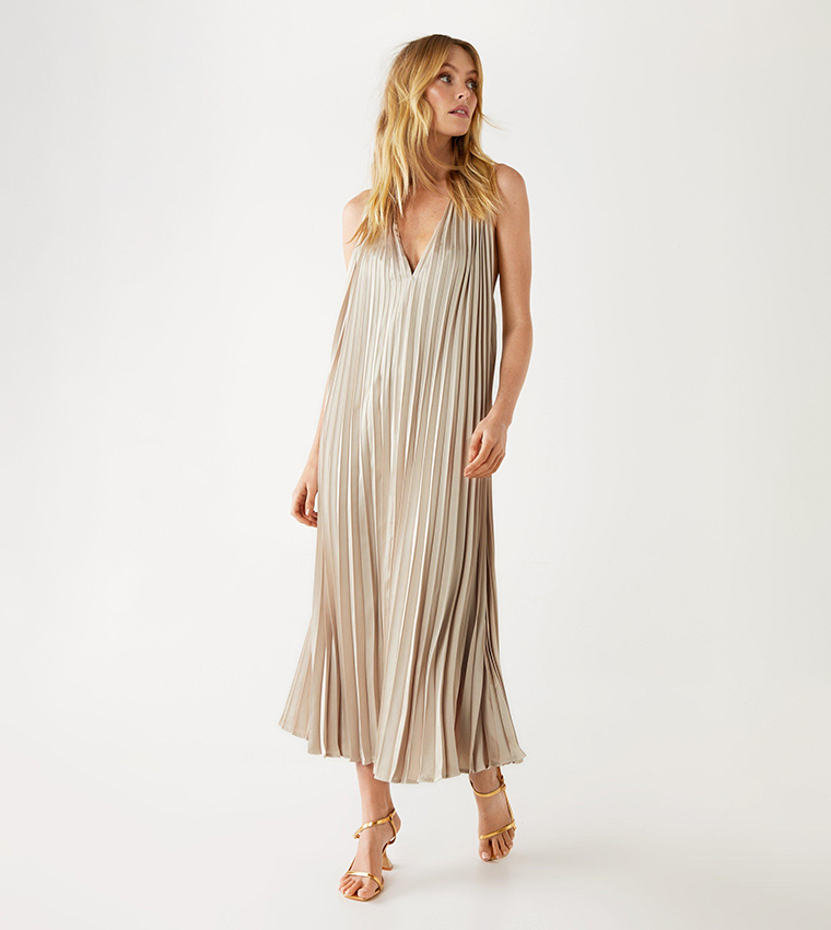 Buy Warehouse Pleated Halter Neck Maxi Dress In CHAMPAGNE