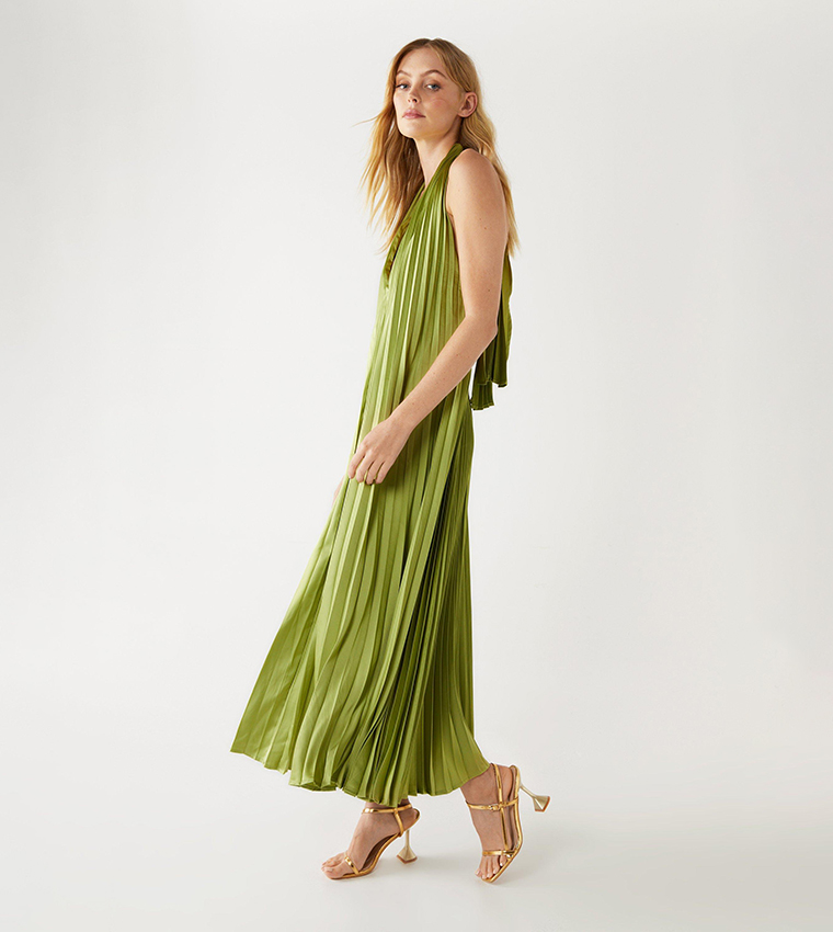 Buy Warehouse Pleated Halter Neck Maxi Dress In Olive 6thStreet