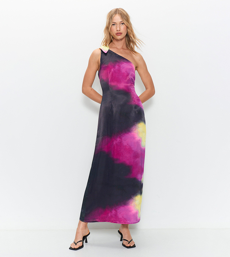 Buy Warehouse Premium Satin Tie Dye One Shoulder Maxi Dress In Multiple  Colors