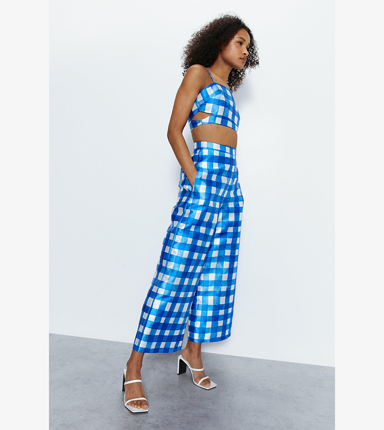 Drawer wool Gingham check pleats Pants Bottoms 6514-236-1025 Blue white 34 main image 0